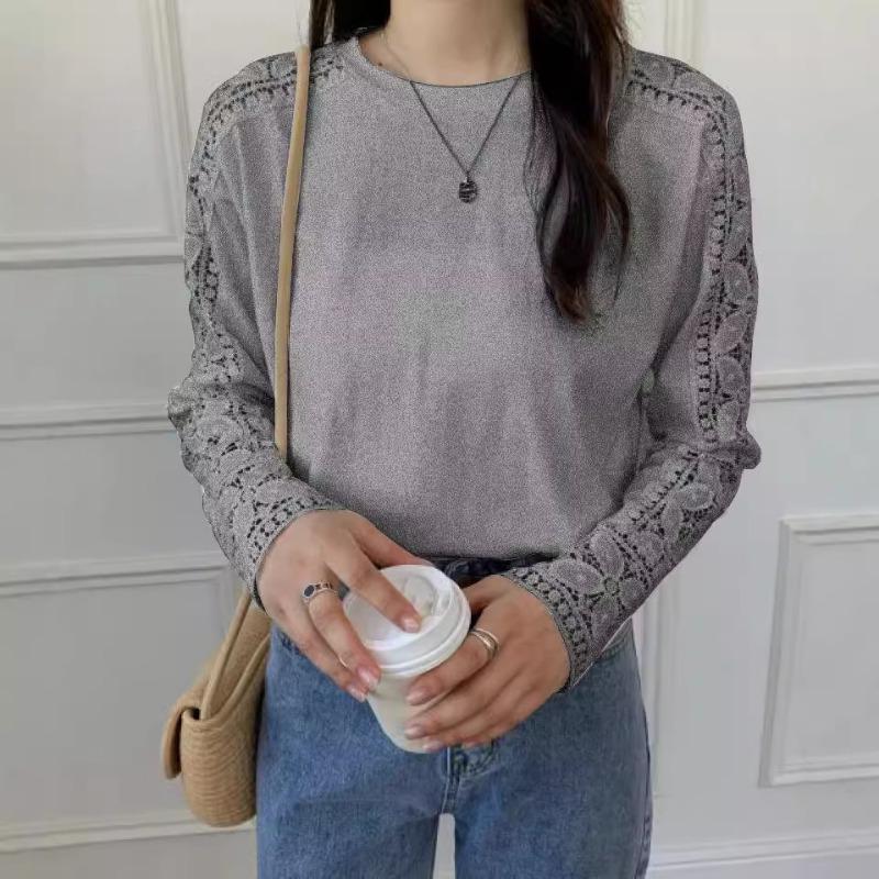 Хорошее качество осень зима японский корейский однотонный кружевной пуловер круглый вырез свободная футболка с длинными рукавами для женщин