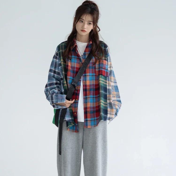 Свободные клетчатые рубашки, женский топ контрастного цвета, мешковатая рубашка в американском стиле ретро, ​​уличная одежда с длинными рукавами, универсальная женская одежда