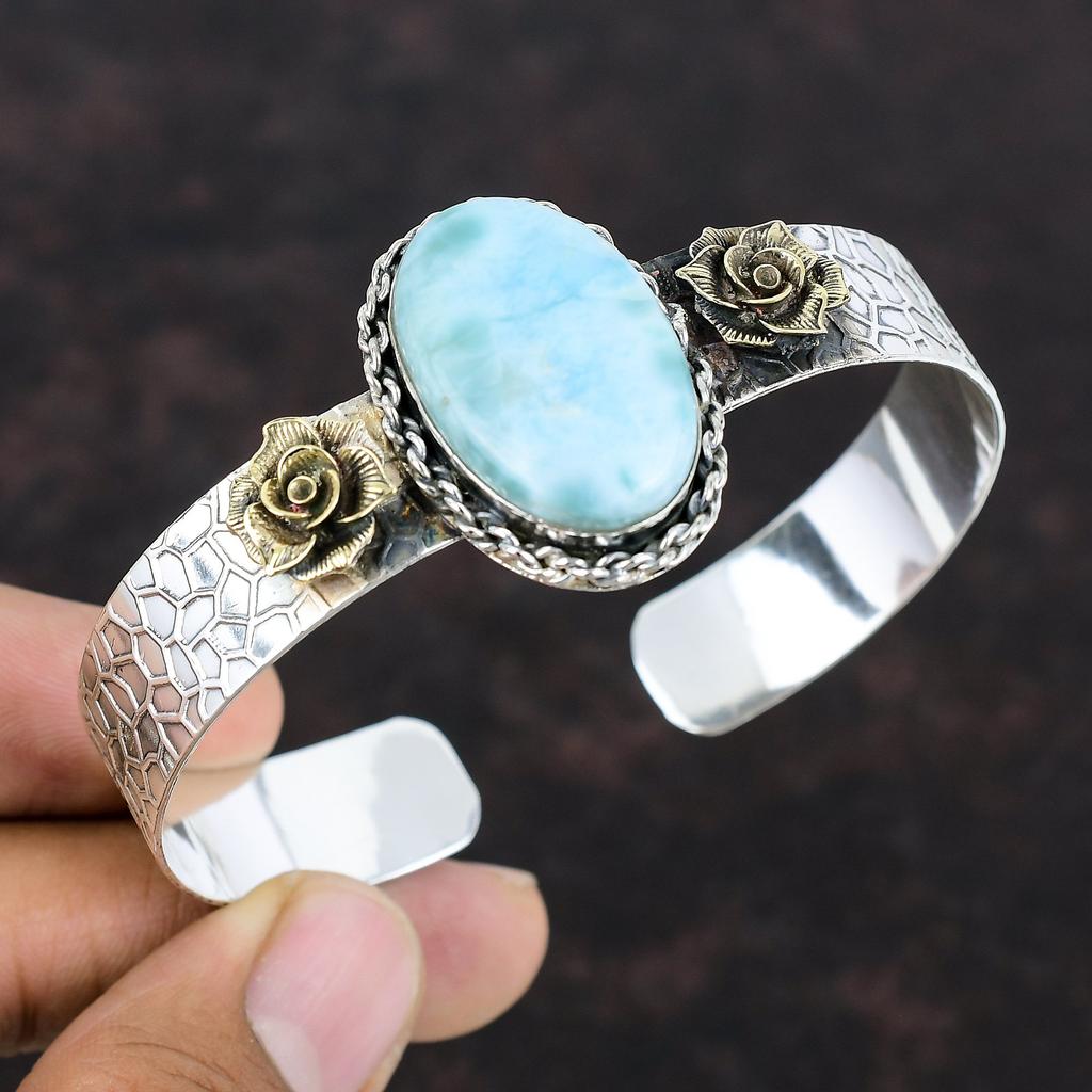 Браслет-манжета Larimar, браслет из стерлингового серебра 925 пробы, ювелирные изделия из настоящих драгоценных камней, позолота 18 карат, регулируемый браслет ручной работы, подарок для него, целебный камень