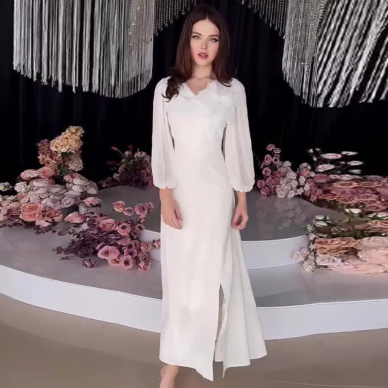 2024 Осень Легкое Зрелое Однотонное Длинное Платье с 3D Аппликацией