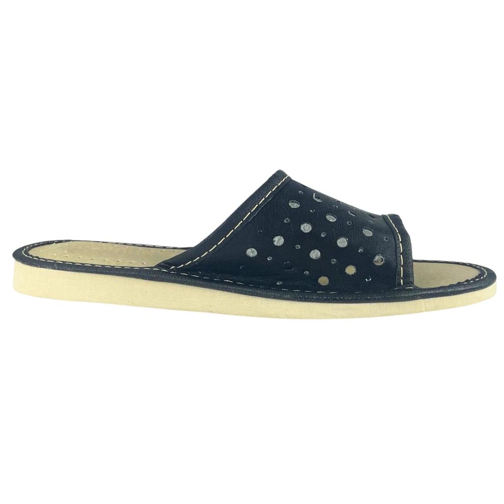 Stylish black openwork slippers, women's house slippers in a dark color 35