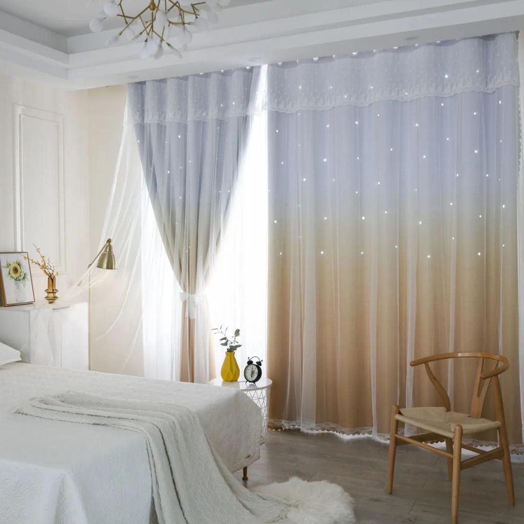 2 шт., простая градиентная цветная занавеска со звездами, занавеска принцессы Ins с высоким затемнением, для спальни, гостиной, двойная тканевая марлевая занавеска