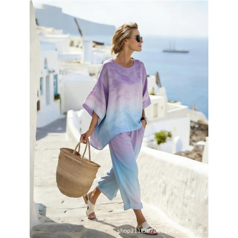 Y1 new bohemian two-piece summer women's round neck printing casual suit