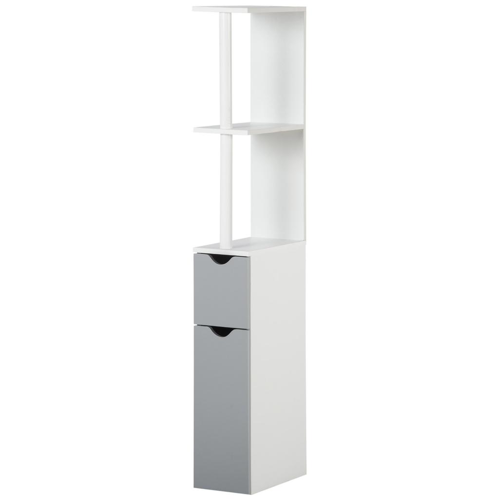 Bathroom Column with 2 Shelves and 2 Cabinets, Wooden, 15.2x29.8x118 cm, White and Grey