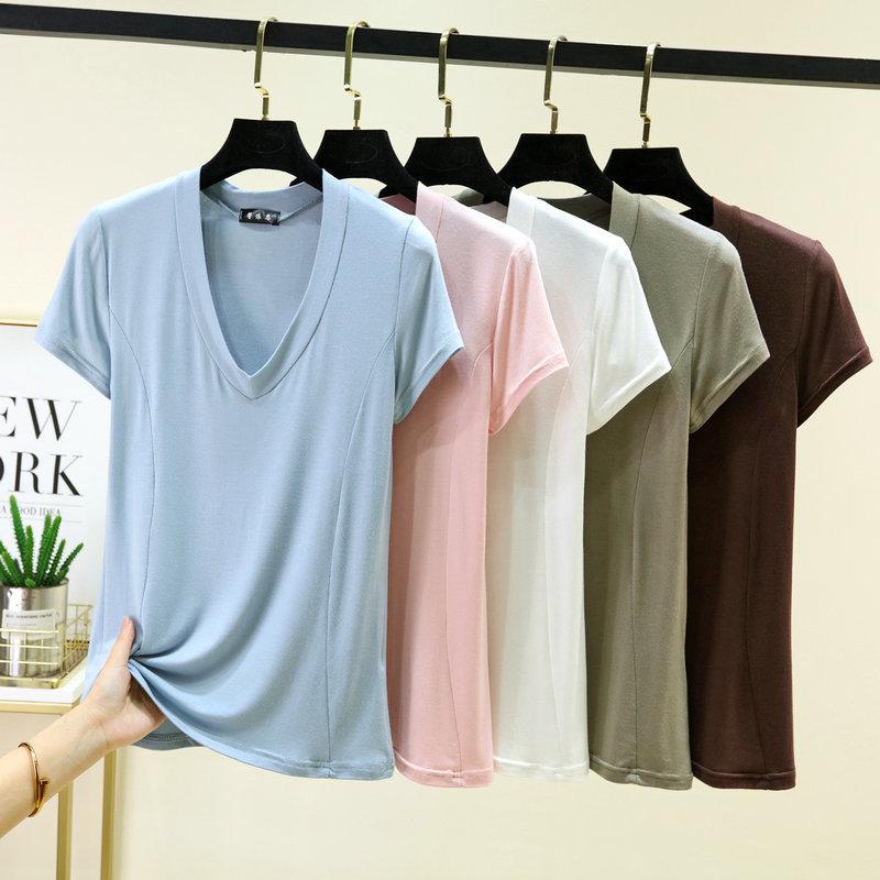 Большие размеры от L до 6XL Модальная футболка с V-образным вырезом Короткие рукава Женские Ультратонкий слой Верхний слой Однотонные базовые топы