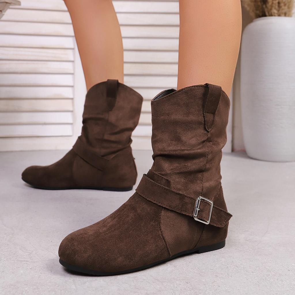 Новый Дизайн Женские Ботильоны из Флока с Круглым Носком на Танкетке Слипоны Плиссированные Повседневные Ботильоны Женские Ботильоны на Плоской Подошве Botas Mujer