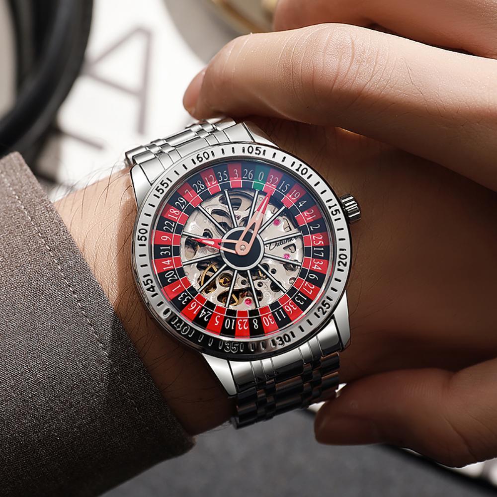 Dulunwe Swinging Rotary Dial Design Hollow Skeleton Watches Business Trendy Men Wristwatch Roulette Wheel Automatic Mechanical Watch
