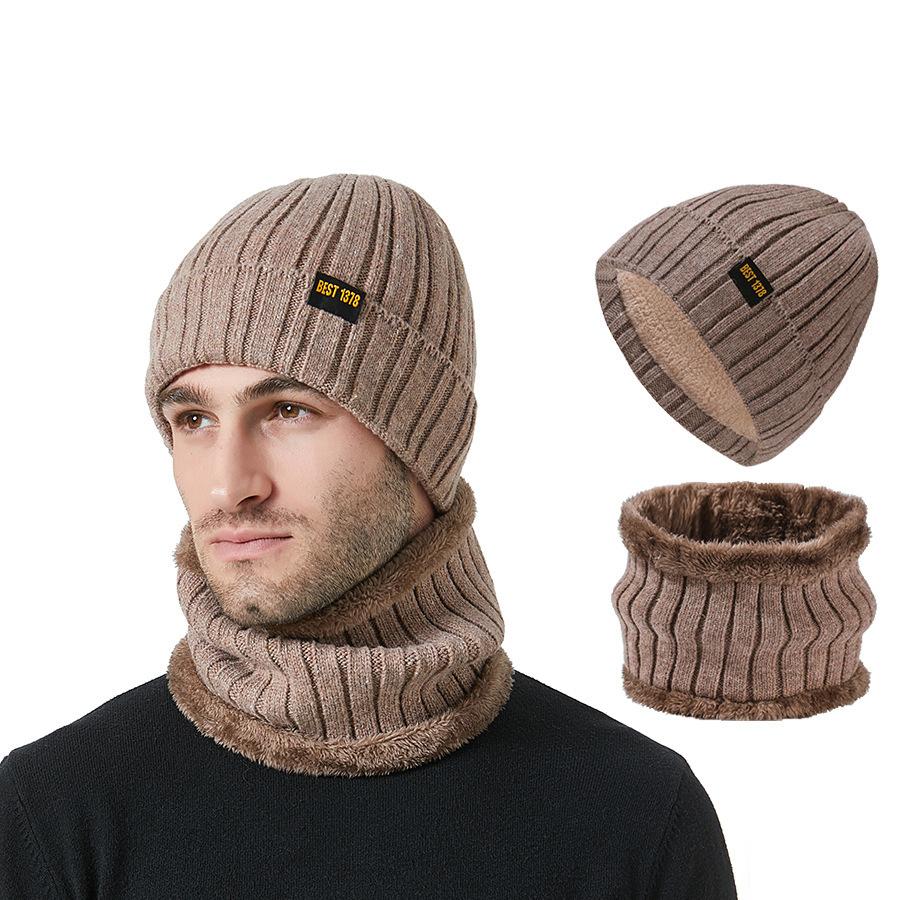 Шапка осень-зима мужская вязаная шапка шарф комплект из двух предметов уличная защита ушей бархатный теплый комплект