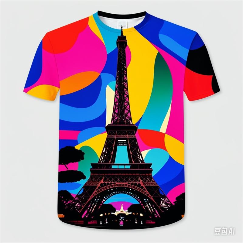 2024 France Paris Eiffel Tower 3D Print Summer Tees Streetwear Crew Neck Short Sleeve Casual Oversized Men Women Kids Tops