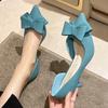 2024 Blue Bowtie Thin Heeled Pumps Women 2024 Autumn PU Leather Slip On High Heels Shoes Woman Pointed Toe Party Shoes Mujer