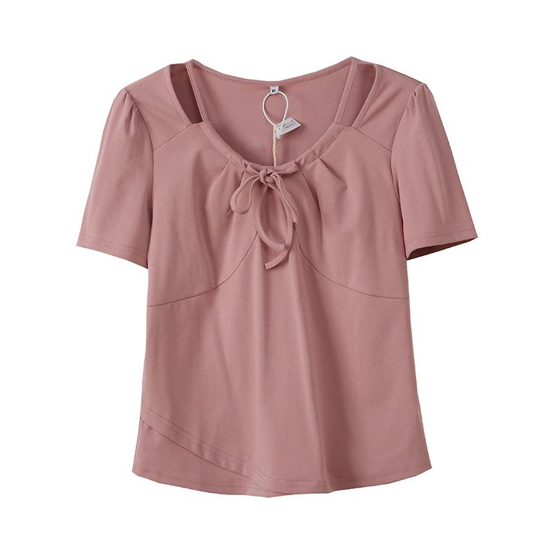 Large size women's clothing design sweet short T-shirt summer new pullover lace-up irregular top 252480