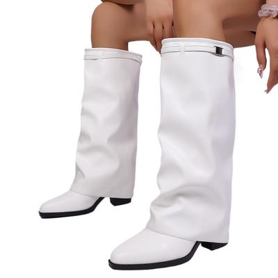 Женские модные складные ботфорты до колена Зимние однотонные нескользящие на толстой подошве с широким голенищем Модные ботинки из искусственной кожи Botas Mujer