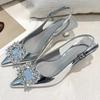 Fashion Summer 2025 New Silver Rhinestone Back Trip Banded Hollow Patent Leather Pointed Toe Stiletto Sandals for Women