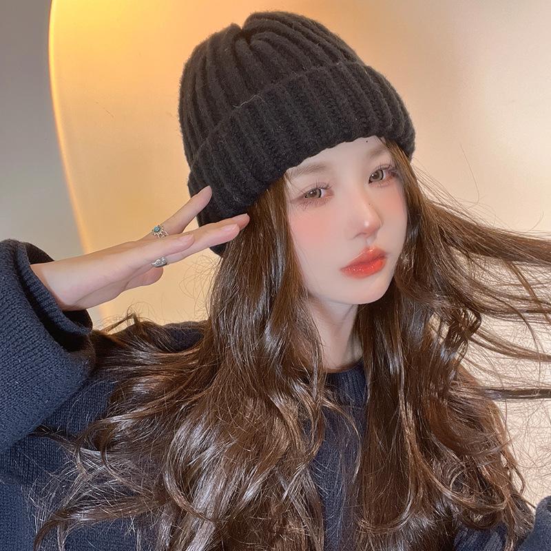 Large Size Face Slim Hat for Women Autumn and Winter Solid Color Thick Knitted Hat Cold Proof and Versatile Ear Protecting Wool Hat for Men