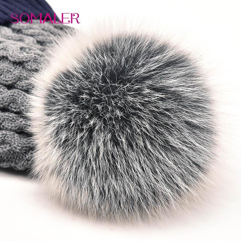 SOMALER Winter Baby Hat Real Fox Fur Pom Hat Knitted Boy Cap Cotton Earmuff Hat WarmThick Kid Beanie