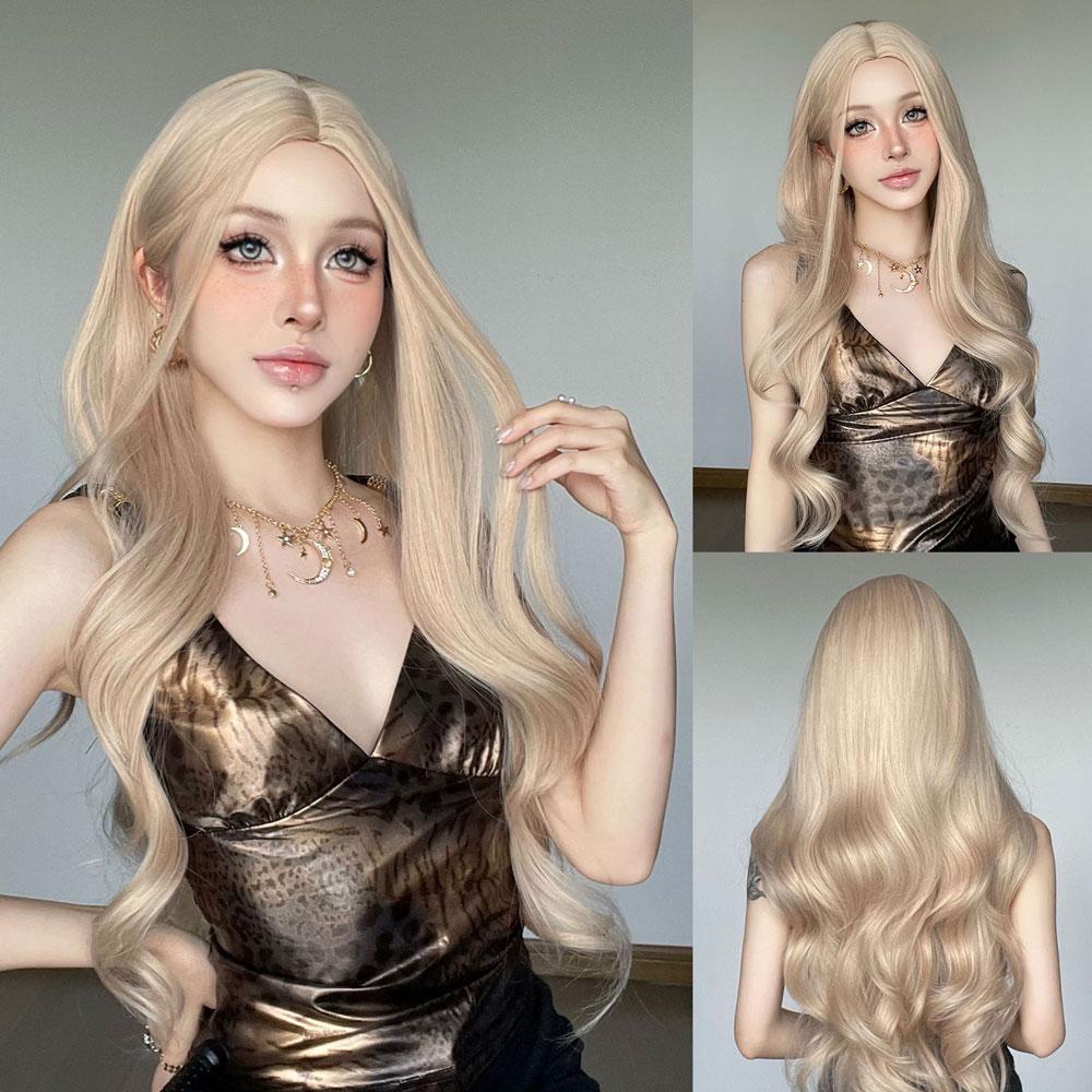 JOVIA Blonde Pink Long Wavy Synthetic Wigs Middle Part Heat Resistant Full Wig Women Cosplay Lolita Daily Party Hair Wig On Sale