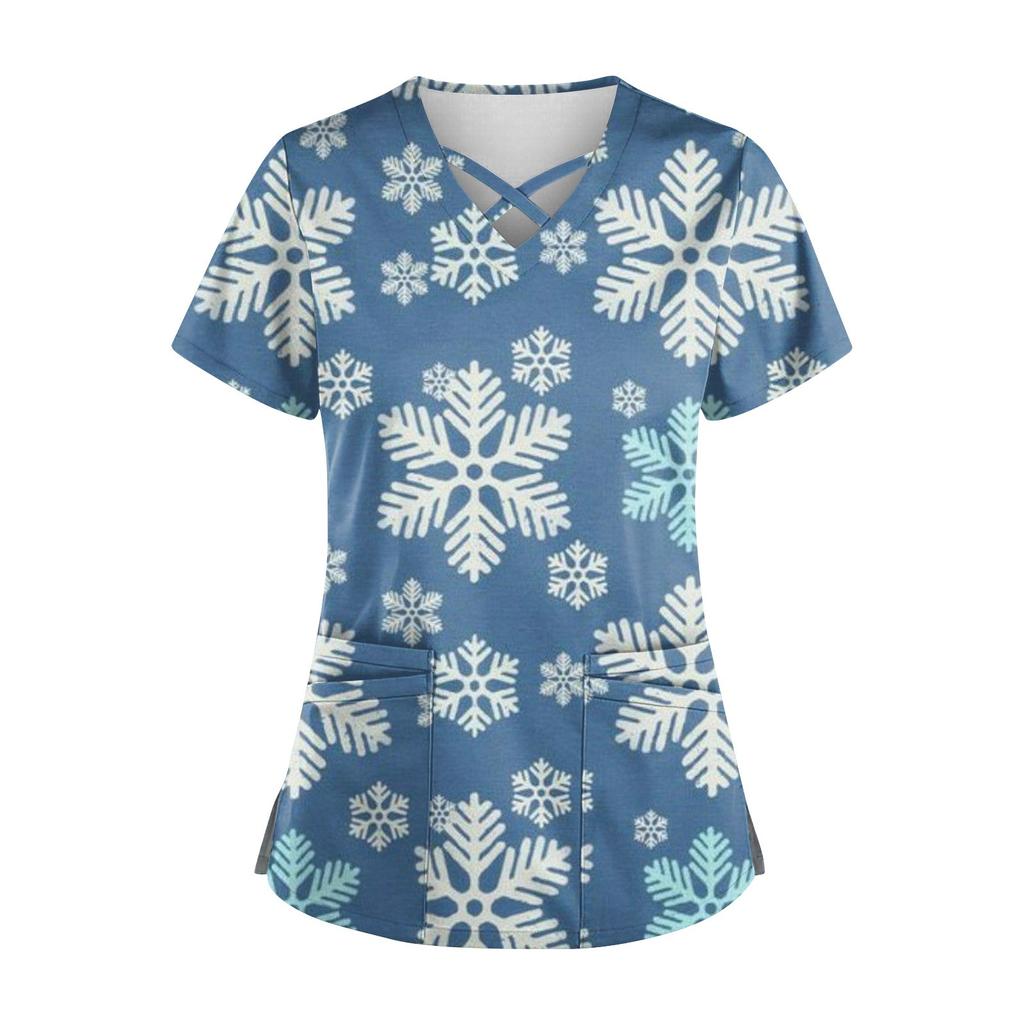 Women's Short Sleeve Stagger V Neck Christmas Print Pocket Dry-nurse Top