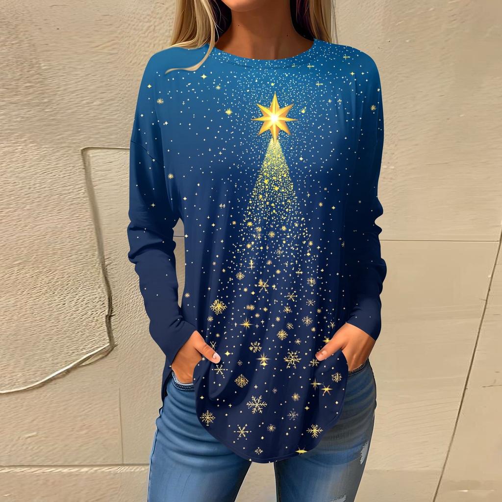 Футболки для женщин, осенние повседневные рубашки с длинным рукавом, толстовки с винтажным графическим принтом, топы, пуловеры, рождественские