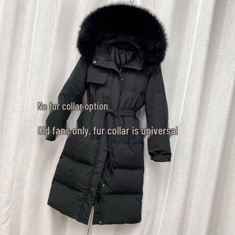 Women's 2024 Trendy Lightweight Over-Knee Down Jacket with Waist Tie - White Duck Down Winter Coat