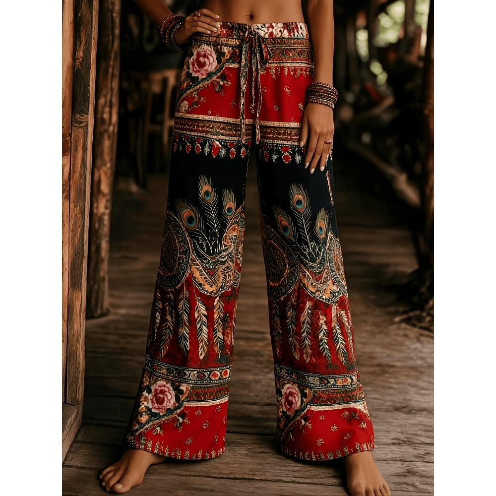 Women's Autumn New Fashion Wide Leg Pants Elastic Waist Bohemian Digital Printed Casual Pants
