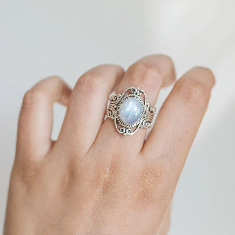 Rainbow Moonstone Gemstone Ring, Solid 925 Sterling Silver Ring, Handmade Designer Ring, Wedding Ring, Boho Jewelry