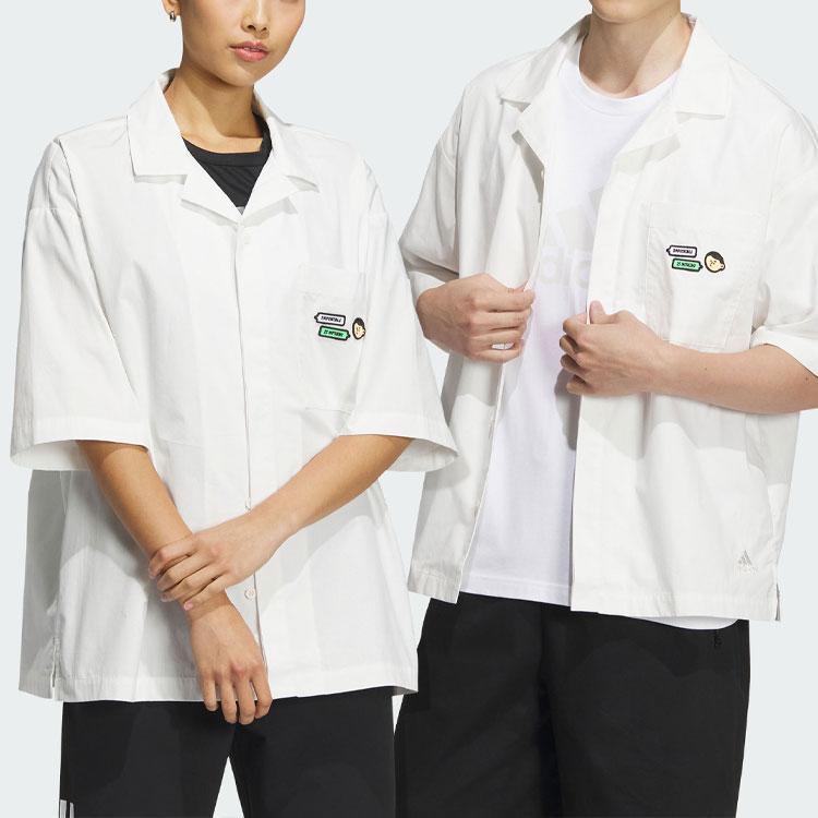 adidas Совместный бренд X Seebin SS23, однобортная однобортная рубашка с короткими рукавами и принтом логотипа, топы унисекс, розовый, белый IA8100