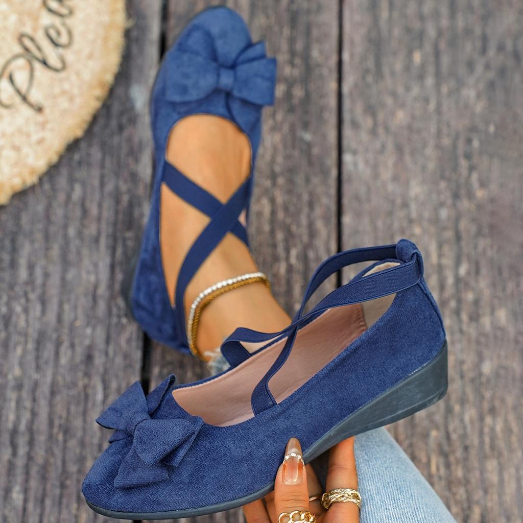 2025 New Fashion Suede Bow Cross Elastic Band Wedge Heel Large Size Single Shoes Women's Breathable Versatile