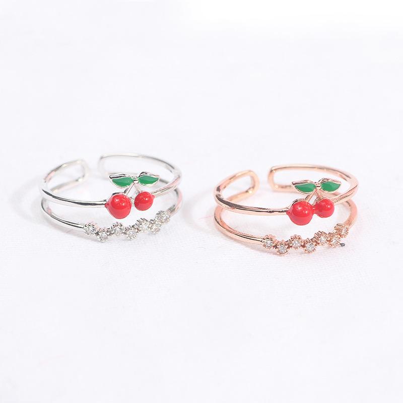 Color Retention Sweet And Cute Dripping Cherry Ring, Simple Double-Layer Micro-Inlaid Zircon Adjustable Ring