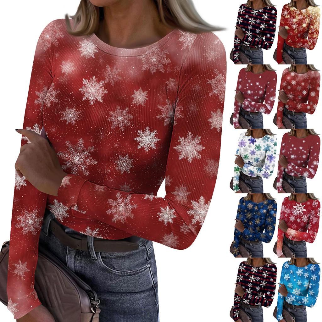 Women's Fashion Slim-Fit Round Neck Base Layer T-Shirt Christmas Print Long-Sleeved Top