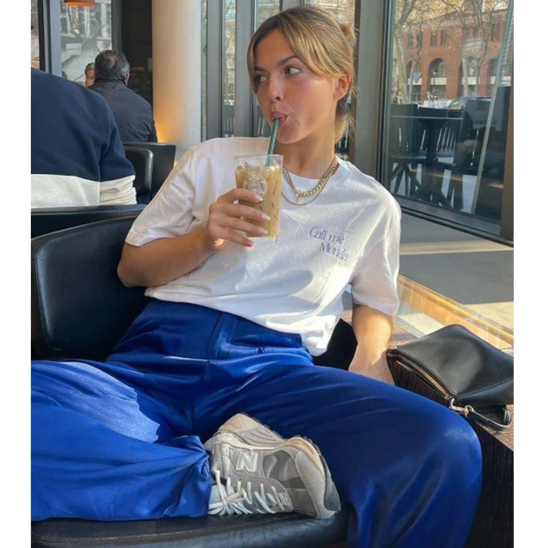 Call Me Monday American Retro Sports Style Blogger Letter Print Casual Cotton Short Sleeve T-shirt for Women