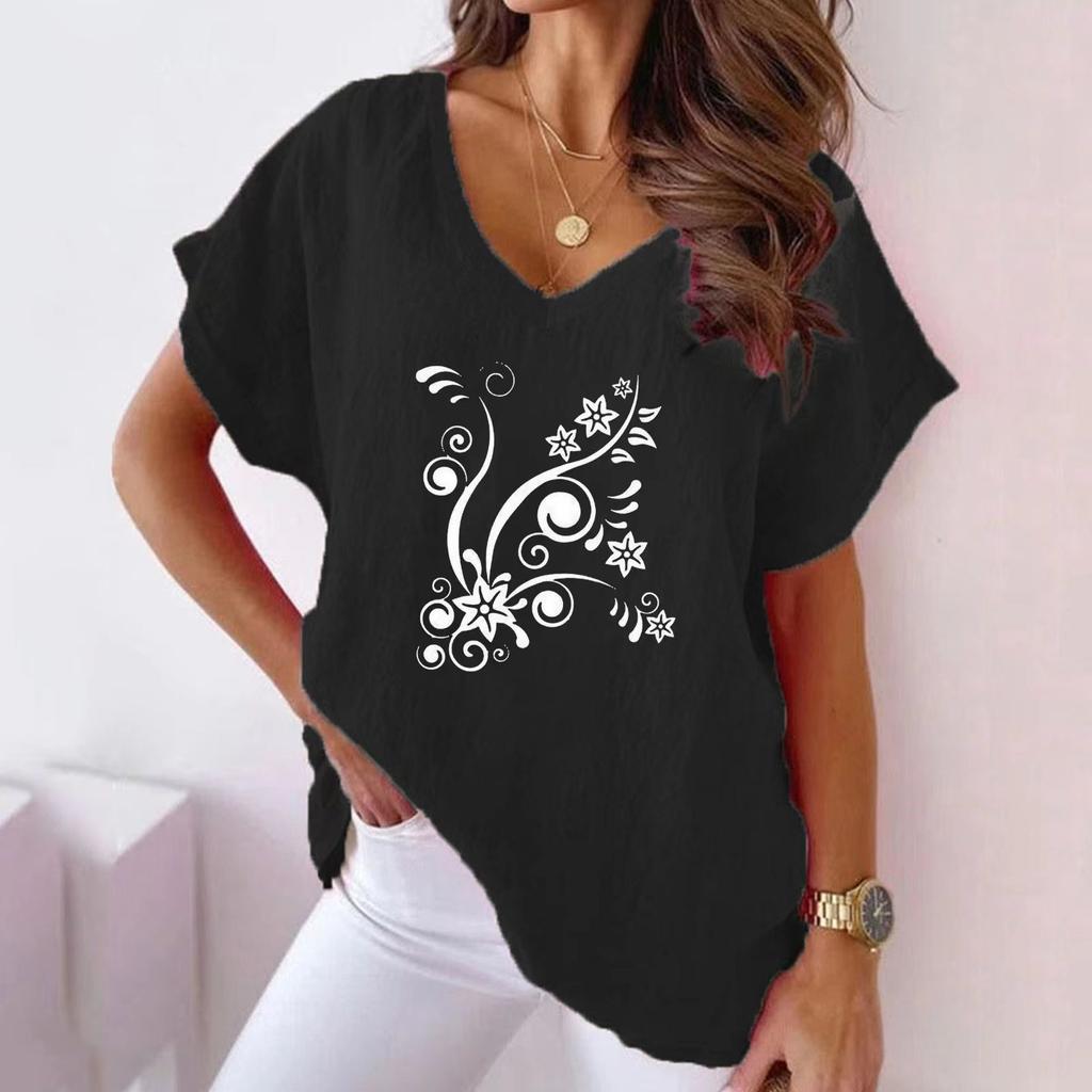Лето 2023, женская повседневная хлопковая конопляная футболка с v-образным вырезом и цветочным принтом, футболка с короткими рукавами и летучей мышью