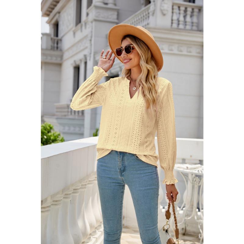 Осенняя новая модель женской повседневной рубашки с полым плиссированным рукавом-рюшем и V-образным вырезом, модный розовый элегантный женский топ с длинным рукавом