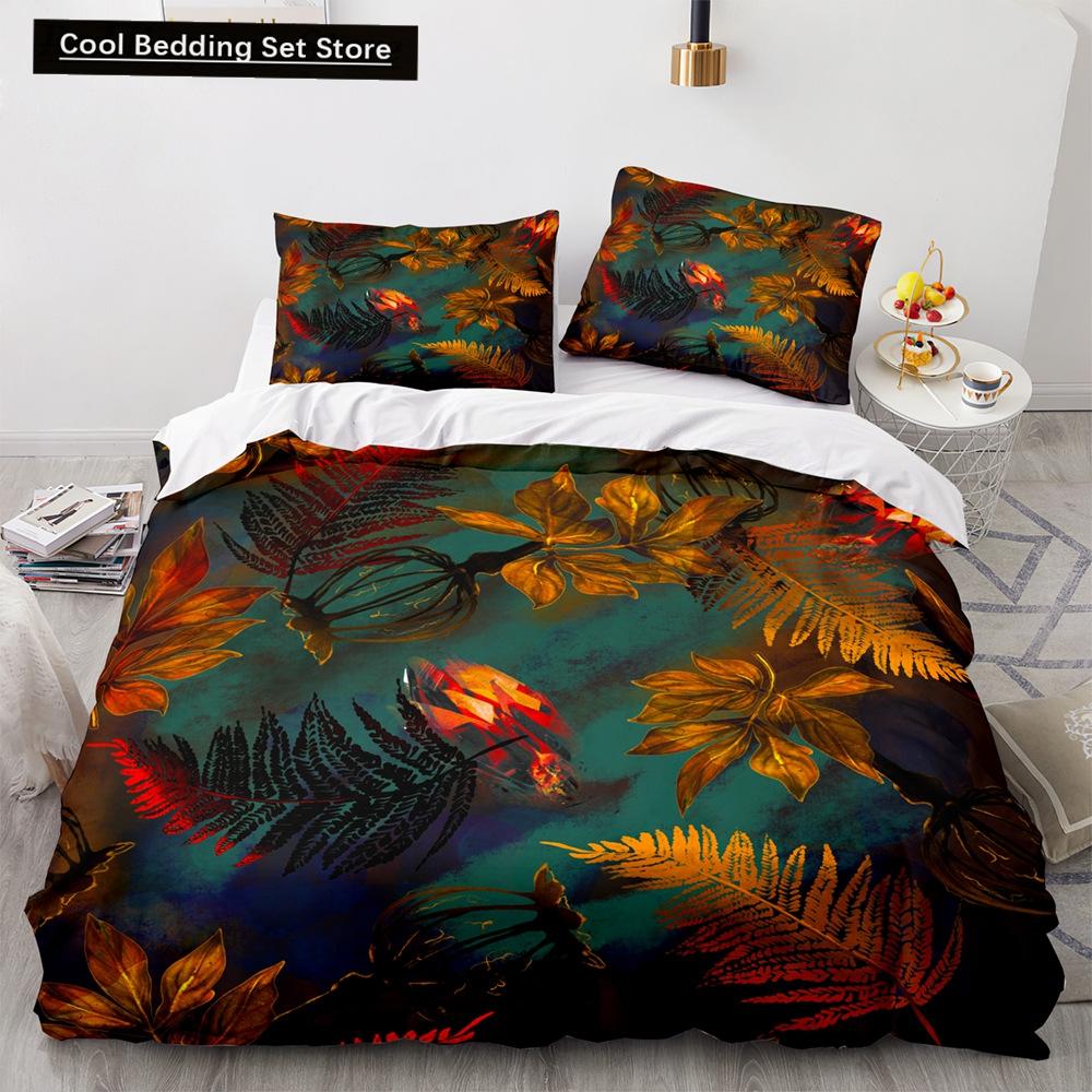 Тропические растения Цветочный пододеяльник King Queen Комплект постельного белья с зелеными пальмовыми листьями Кремовые цветы 2/3 шт. Полиэстеровый пододеяльник