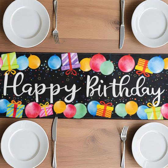 Black Happy Birthday Table Runner, Colorful Balloon Kitchen Dining Table Decoration Festive Balloon Design for Birthday Party Decor 13x72 Inch