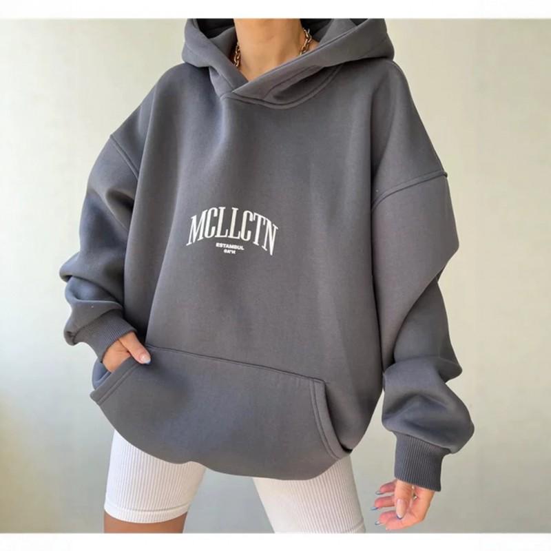 Womens Oversized Long Sleeve Hooded Sweatshirt With Letter Print Cotton Blend Casual Top