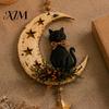 Boho Witchcraft Style Decoration Crescent Moon Black Cat Hanging Ornament, on Wall Decor, Decorative Figurine Rustic Star Door Window Pendant