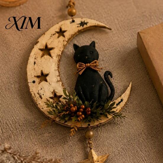 Boho Witchcraft Style Decoration Crescent Moon Black Cat Hanging Ornament, on Wall Decor, Decorative Figurine Rustic Star Door Window Pendant