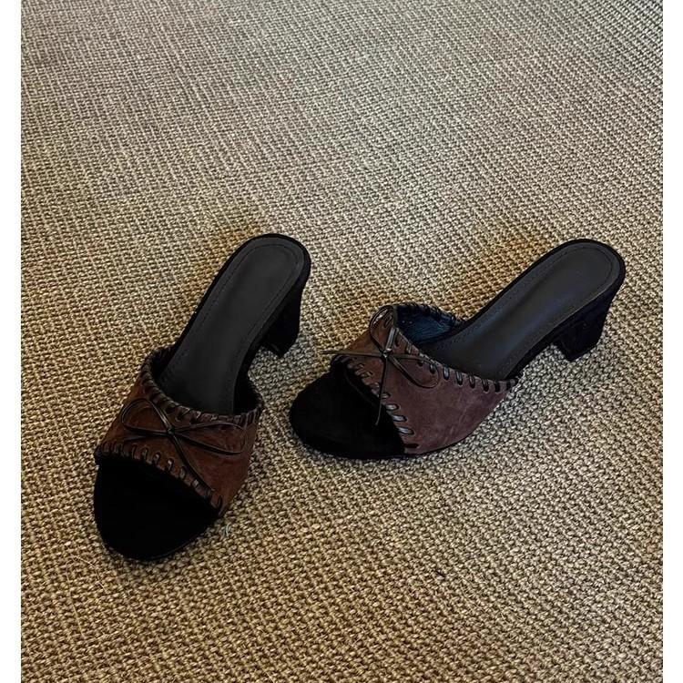 Французский ретро нишевый плетеный бант с крутыми шлепанцами для женской летней носки, сандалии на круглом носке, толстом каблуке, среднем каблуке