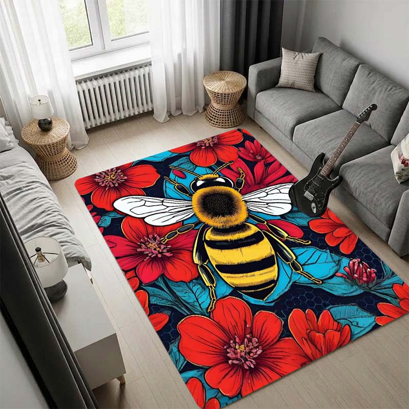 Mystic Golden Bee Tarot Style Area Rug, Occult Sun Eye Symbol Non Slip Living Room Floor Carpet
