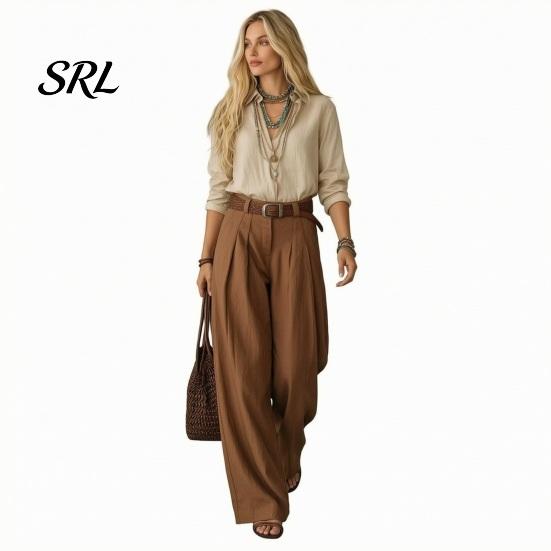 Casual Matching Sets Women Two Piece Set for Fall, V Neck Collared Shirt Long Sleeves Trousers & Wide Leg Pants, Loose Fit Autumn Outfits Suit