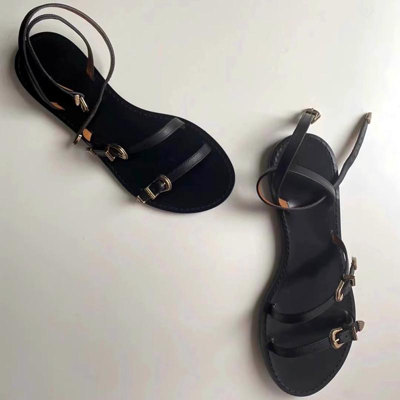 Fashion Fashion Multi Metal Buckle Design Flat Sandals Women Summer Sexy Open Toe Ankle-Wrap Beach Roman Sandals Elegant Dress Shoes