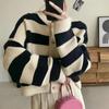 Women Spring Autumn Sweaters O-neck Stripe Knitted Cardigan Fashion Long Sleeve Casual Short Tops Oversized Sweater