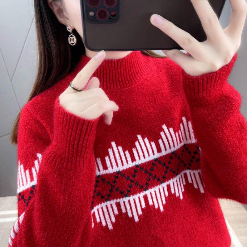 Pullover Sweater Women Mink Down Autumn and Winter 2023 Half High Collar Loose Knitted Undercoat Casual Pullover Sweater Women