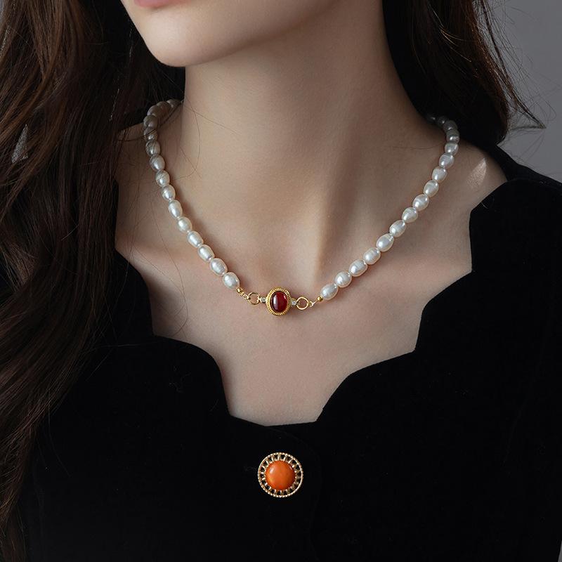 New Arrival Trendy Red Agate Stone Natural Freshwater Pearl 14K Gold Filled Lady Short Chain Necklace Promotion Gifts No Fade
