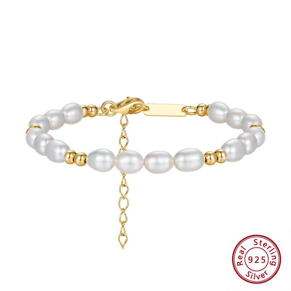 Elegant Gold Beads with Cultured Freshwater Pearl Bead 925 Sterling Silver Bracelet Jewelry Factory