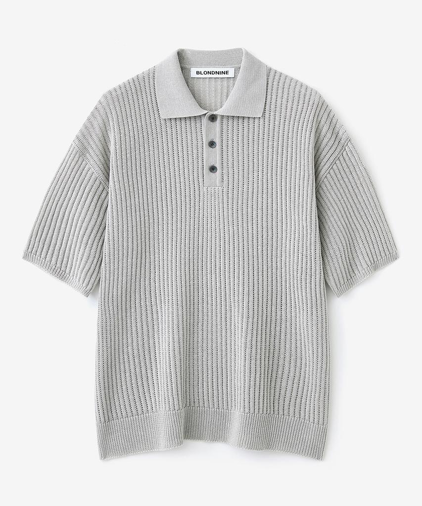BLOND9 Cotton Rib Collar Short Sleeve Knit_Gray