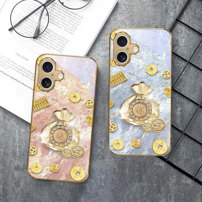 Счастливый мешок благословений Для iPhone 17 Pro Max 16 16E 15 14 13 Plus 12 mini 11 15Pro 17 Air XR X 17ProMax Золотой стеклянный чехол для телефона