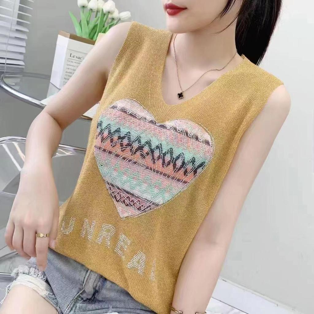 2023 Блестящий шелковый женский жилет без рукавов с V-образным вырезом - Новый стиль весна/лето, свободный крой с вязаным дизайном на бретелях с горячими бриллиантами