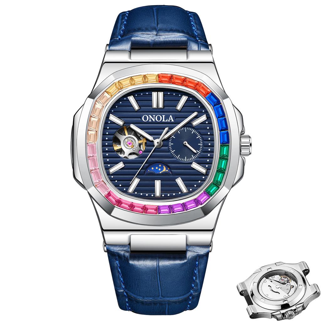 Tourbillon Hollowed Out Fully Automatic Mechanical Watch Men's Diamond Studded Moon Phase Dial Waterproof Luminous Watch Holiday Gift Watch