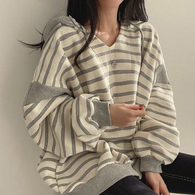 Женская полосатая толстовка с капюшоном, повседневная толстовка с длинными рукавами, корейская мода, винтажные толстовки Harajuku Y2K большого размера